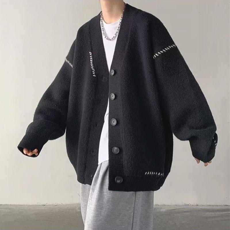 Autumn Winter American V-Neck Jackets Casual Single-breasted Men's Clothing Fashion Bright Line Decoration Loose Vintage Coats