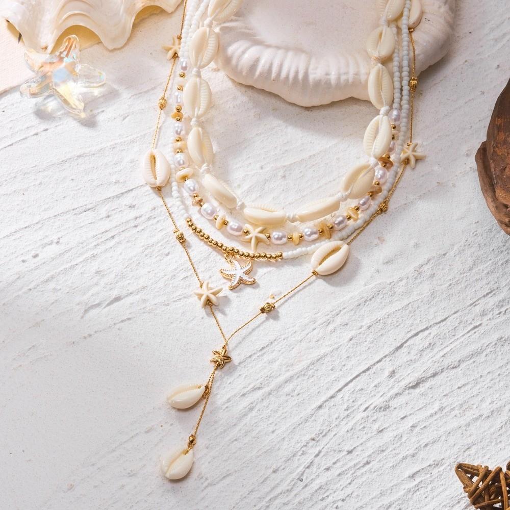 4 Stück/Set Vintage Boho Seestern Anhänger Halskette Imitation Perlen Schlüsselbein Kette Mehrschichtig Muschel Choker Schmuck