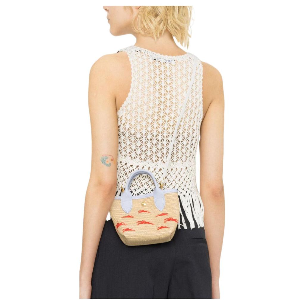 Longchamp Le Panier Pliage Logo Snap Closure Woven And Leather Tote Bag Shopping Handheld Shoulder Crossbody Mini Women Tote Beige Blue 10206HCFP79