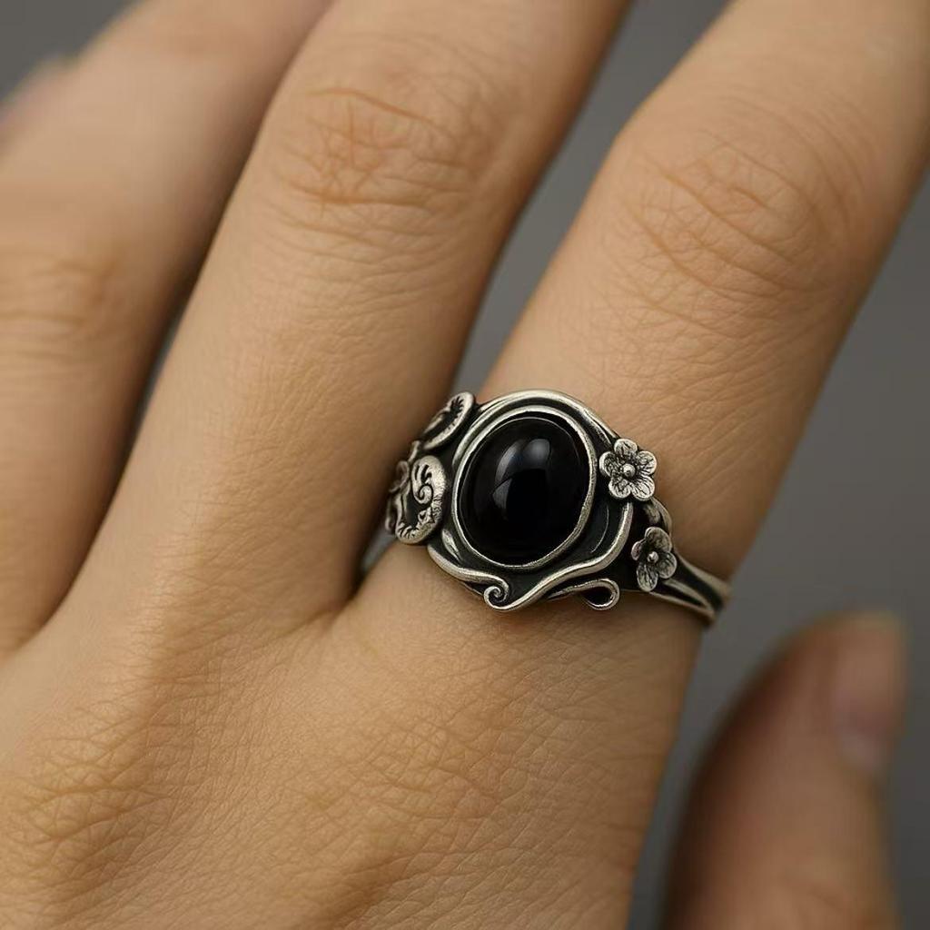 Eco-Friendly Retro Snake Alloy Ring with Black Gemstone and Flower Details for Women