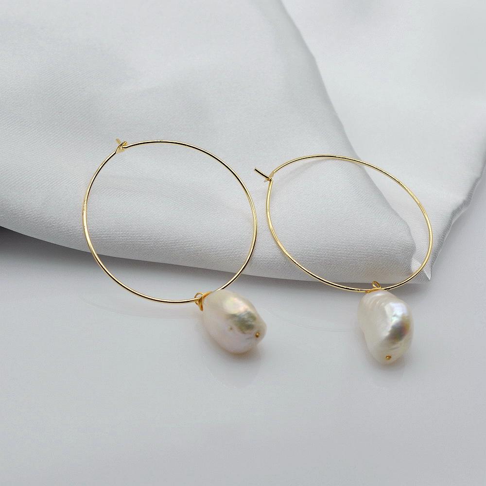 Round Earrings White Natural Freshwater Pearls Large Gold Earrings Baroque Pearls Handmade Gold Earrings Women's Earrings