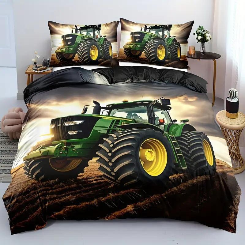Tractor Pattern Quilt Cover Three-Piece Digital Printing Bedding Duvet Cover Kit