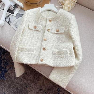 Female Tweed Basic Button Up Jacket Thin Short Coat Autumn Winter Clothing Runway Style Woolen Outerwear