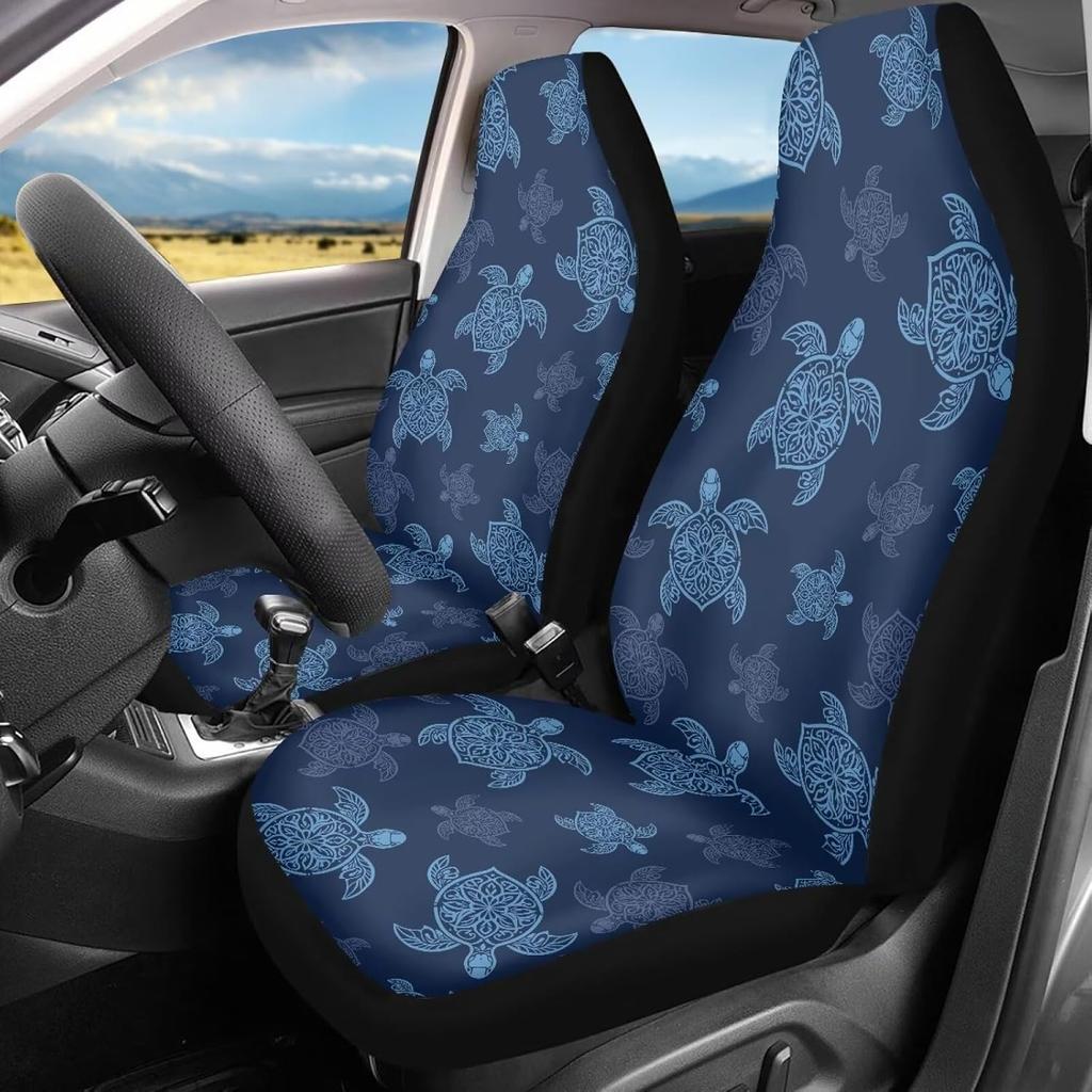 Bulopur Multicolor Polyester Universal Fit Car Truck SUV Van Automotive Seat Covers, 2pcs Front, Hibiscus Floral & Sea Turtle Print