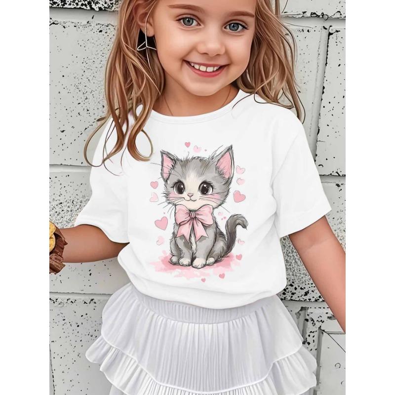 European sizes Summer Fashion Short-Sleeve T-Shirt for Girls Featuring a Cute Kitten with a Pink Bow And Heart Cartoon Print, a Versatile Casual Top