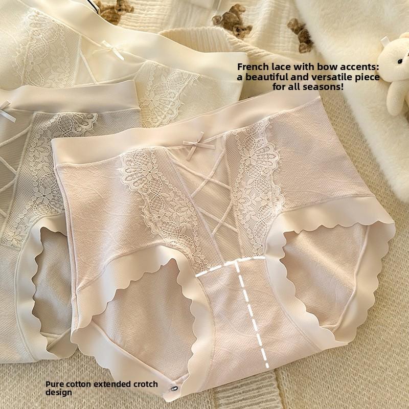 Women's Spring and Summer Lace Side Pure Cotton 10A Antibacterial Extension Crotch Light Abdominal High Briefs