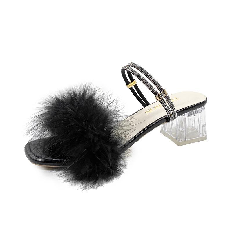 Two Crystal Thick Heel Fluffy Cool Slippers Women's Summer 2025 New One-word Strap with Skirt High Heels