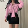 VONDA Womens Casual Tie Up V Neck Long Sleeve Casual Office Shirts Blouse