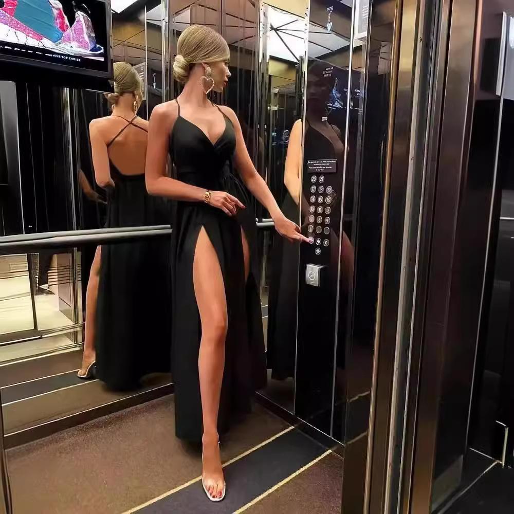 Spring and Summer, European and American Sexy V-neck Suspender Split Dress Women's Dress