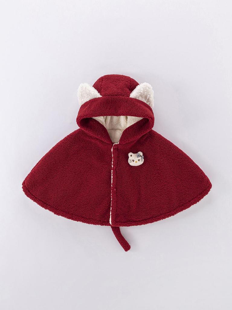Dziecięcy Dziewczęcy Czerwony Zimowy Płaszcz Peleryna z Kapturem - Podszyty Polarem, Wiatroodporny