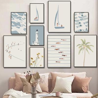 Sailboat Swimming Pool Ocean Floral Minimalist Wall Art Canvas Painting Posters and Prints Wall Pictures for Living Room Decor