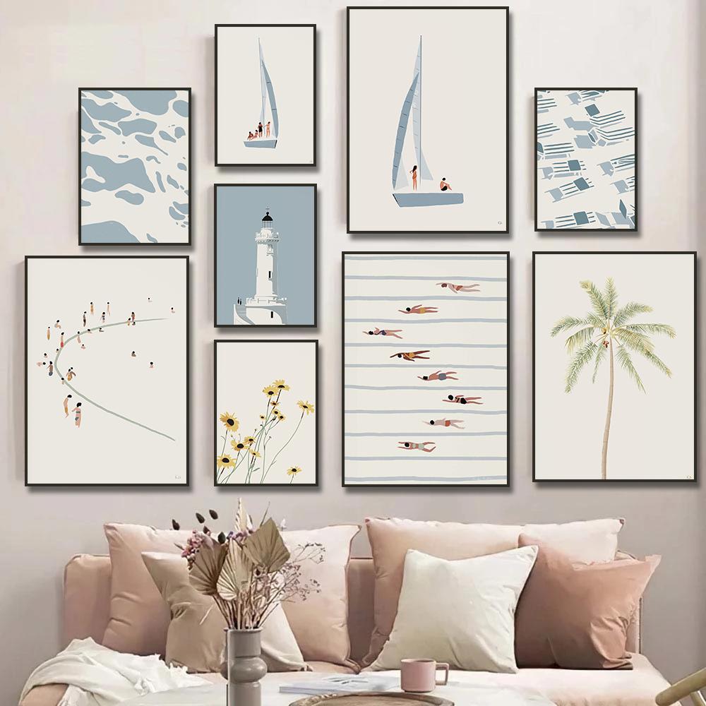 Sailboat Swimming Pool Ocean Floral Minimalist Wall Art Canvas Painting Posters and Prints Wall Pictures for Living Room Decor