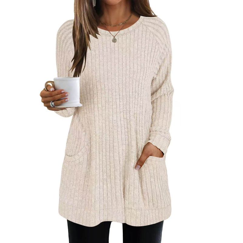 

European and American Cross-Border Autumn and Winter New Arrivals Mid-Length Knit Sweater with Round Neck, Ribbed Pattern, Solid Color, and Pockets Apricot color M