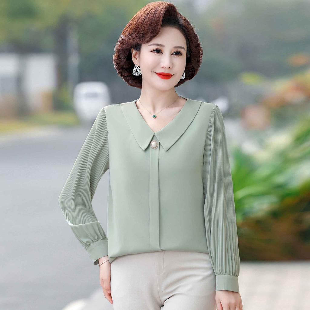 Mom's Spring and Autumn Chiffon Shirt Long Sleeve Middle Aged and Elderly Women's Top Clothes Spring Clothing
