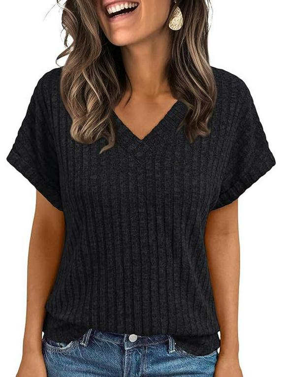 Europäische & Amerikanische Damen Sommer V-Ausschnitt Kurzarm Lässiger Pullover T-Shirt 2025