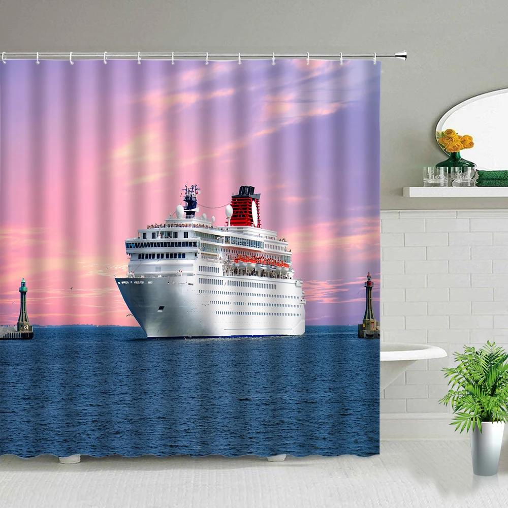 Palm Tree Ocean Scenery Shower Curtains Beach Sea Landscape Waterproof Polyester Fabric Bathroom Decor Bath Curtain with Hooks