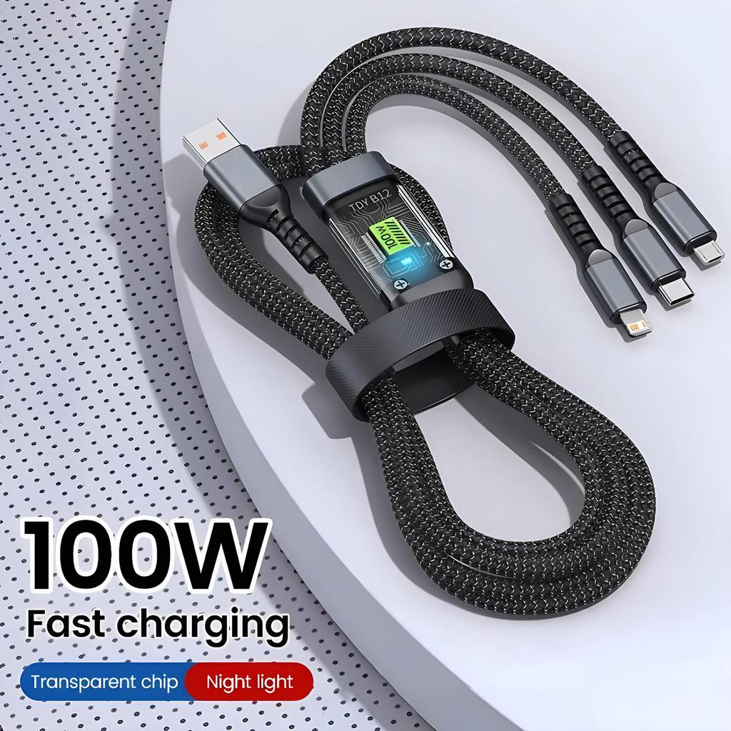 3-in-1 USB 100W 6A Fast Charger Cable Car USB To Type C Micro LIGHTNING Cable for