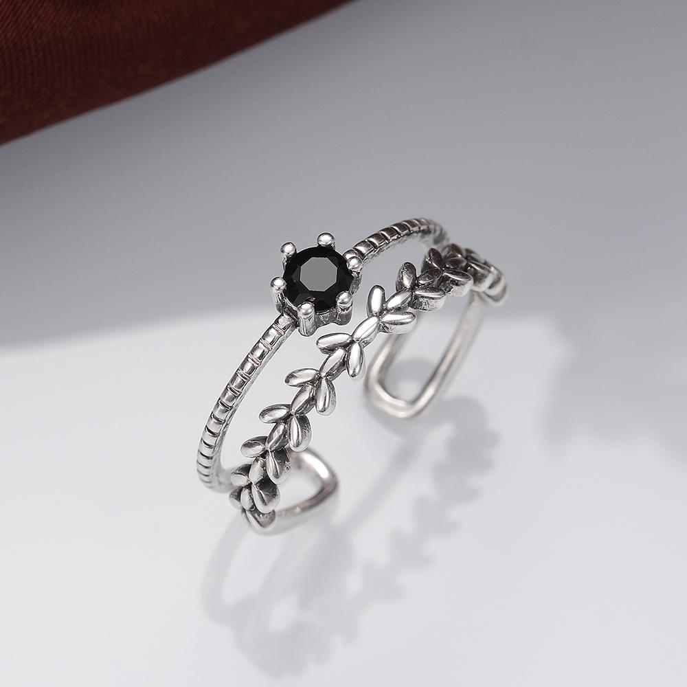 Antique Silver Color Vintage Adjustable Rings for Women Branch Black Stone Double Layer Opening Rings Fancy Girls Jewelry