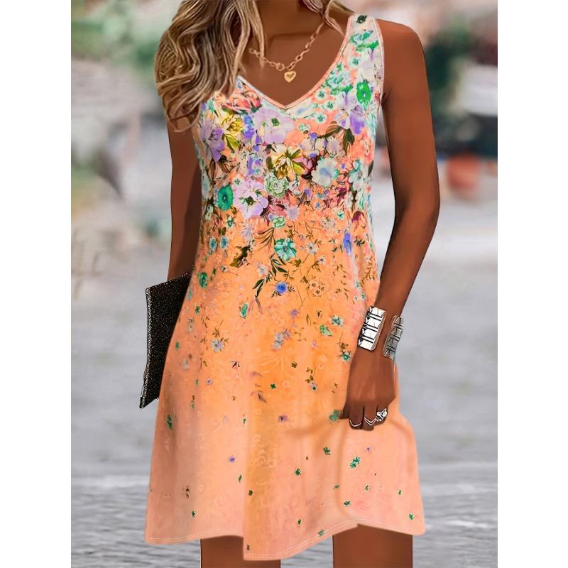 

YYFS Женская мода Лето Весна Цветочный узор Принт Без рукавов V-образный вырез Свободная талия Повседневные платья XL оранжевый