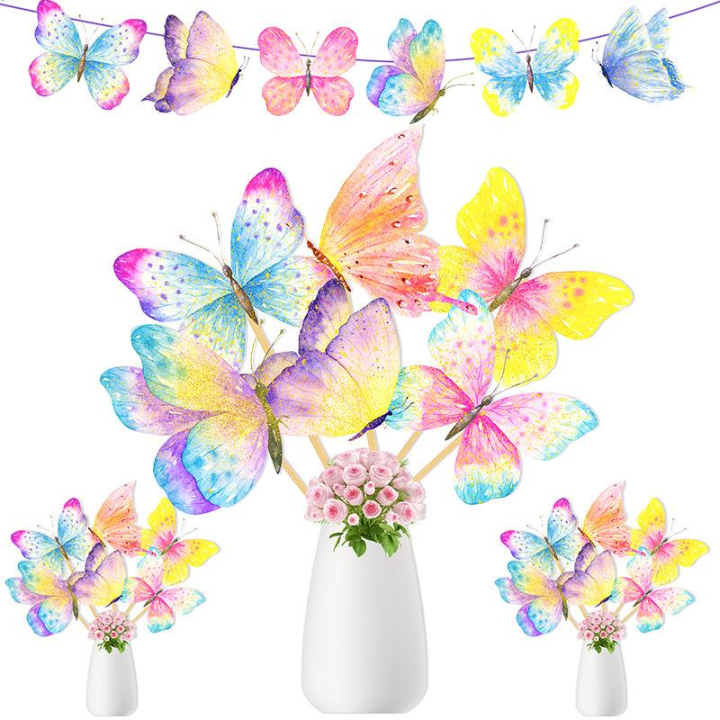 2025 New Model, Spring Flowers, Party Decoration, 12pcs/set, Butterfly Pattern, Vase Plugin, Cake Decoration, Cake Plugin