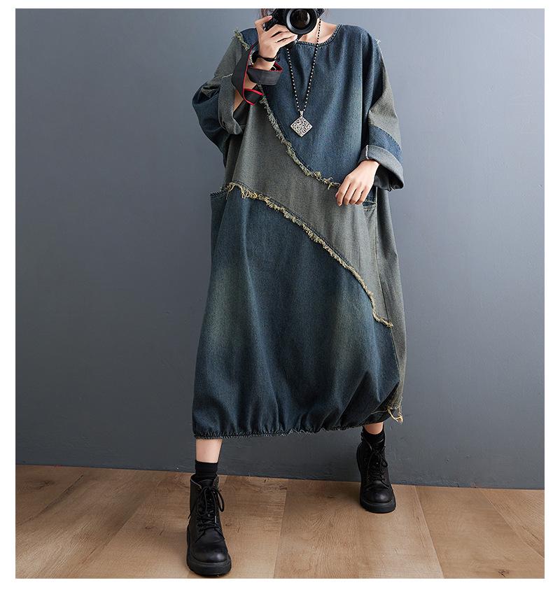 Women's Contrast Patchwork Denim Dress - Plus Size, Frayed, Loose, Mid-Length Skirt for Spring/Autumn