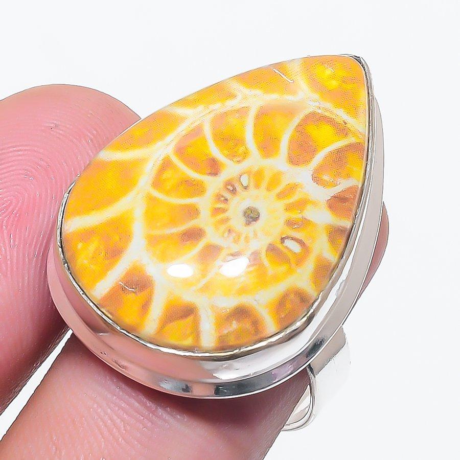 Natural Ammonite Fossil Gemstone 925 Sterling Silver Jewelry Ring Size 7.5 K8O52