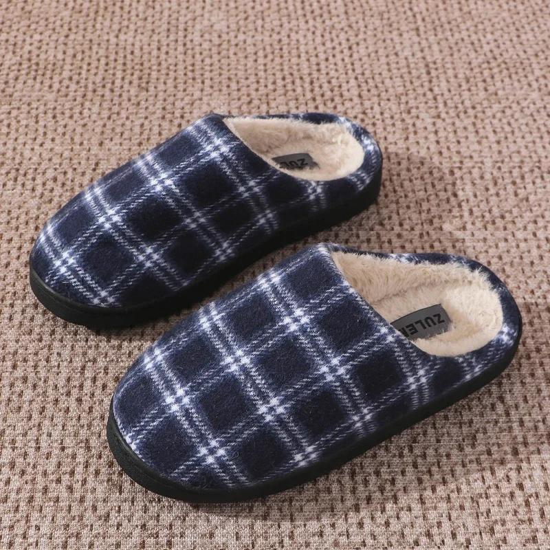 Fashion Winter Plaid Plush Slippers Men's Warm House Fleece Non-slip Shoes Couples Cotton Slippers Soft Indoor Casual Shoes Zapatos