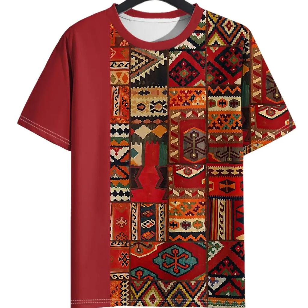 Vintage Ethnic Style Pattern Printed Men's T-Shirt Outdoor Casual Round Neck Short-Sleeved Street Male Oversized T-Shirts