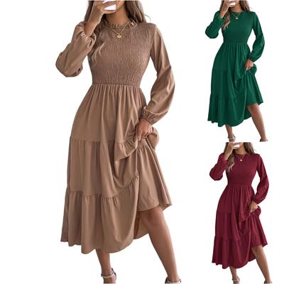 Women's Fashionable Color Round Neck Long Sleeved Loose Dress With A Large Display