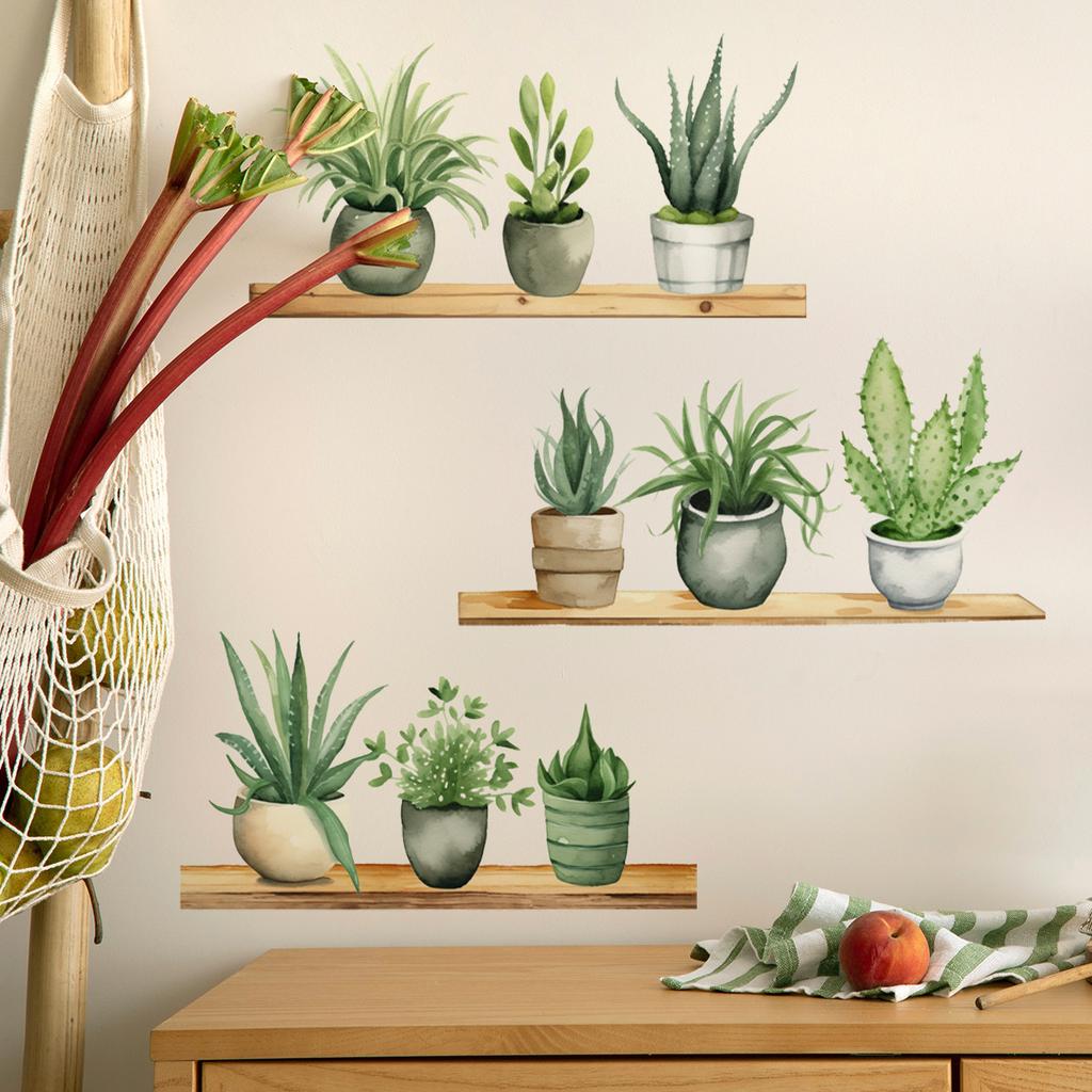 Plant Green Plants Potted Plant Shelf Wall Sticker Living Room Bedroom Home Background Wall Sticker Self-adhesive Pvc