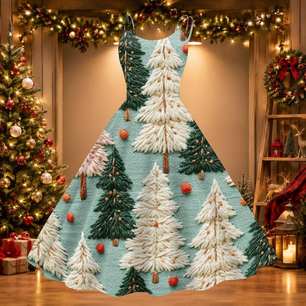 Damen Weihnachtsdruck Off-Shoulder Vintage Kleid