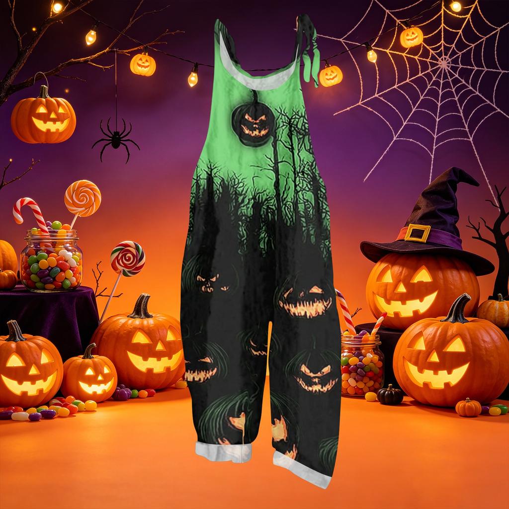 Loose Fit Halloween Print Cotton Linen Overalls Casual Vintage Style Sleeveless Jumpsuit Adjustable Shoulder Straps