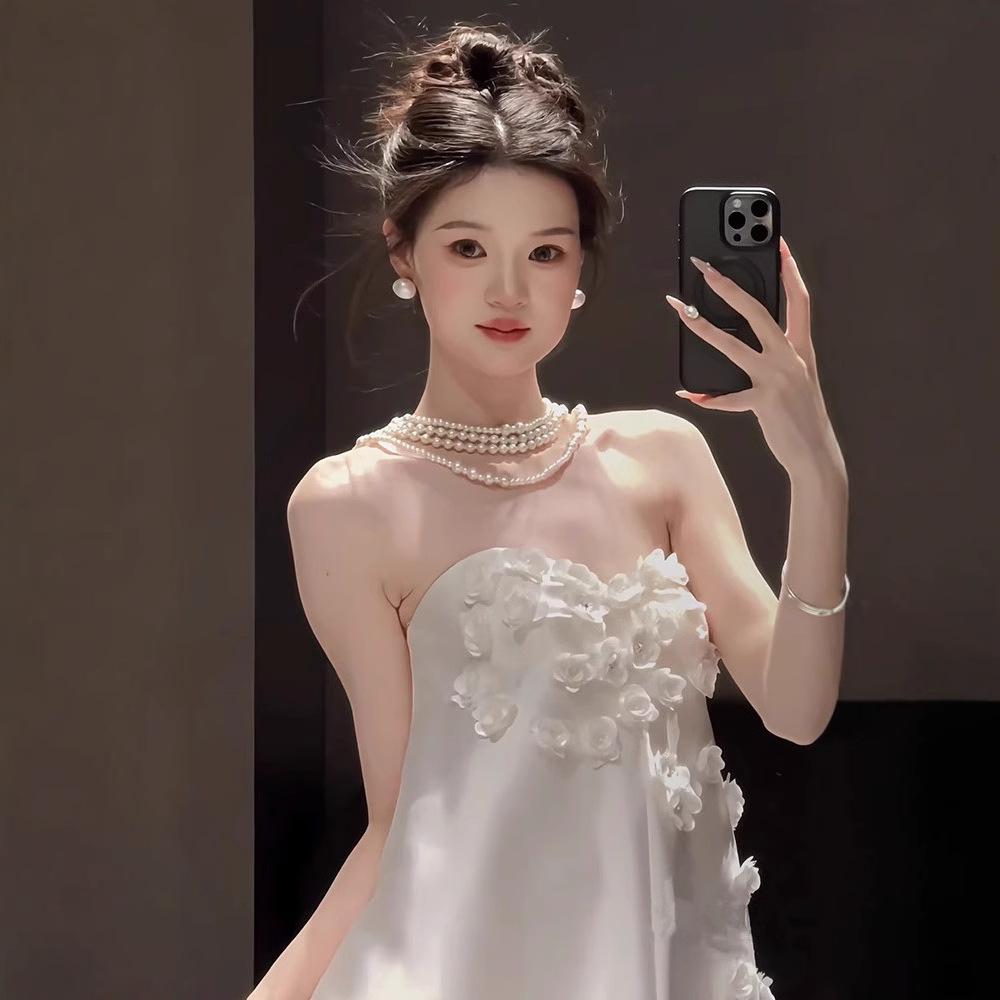 French tube top satin wedding dress dress women's 1011 new bride light luxury niche morning robe travel photo veil dress