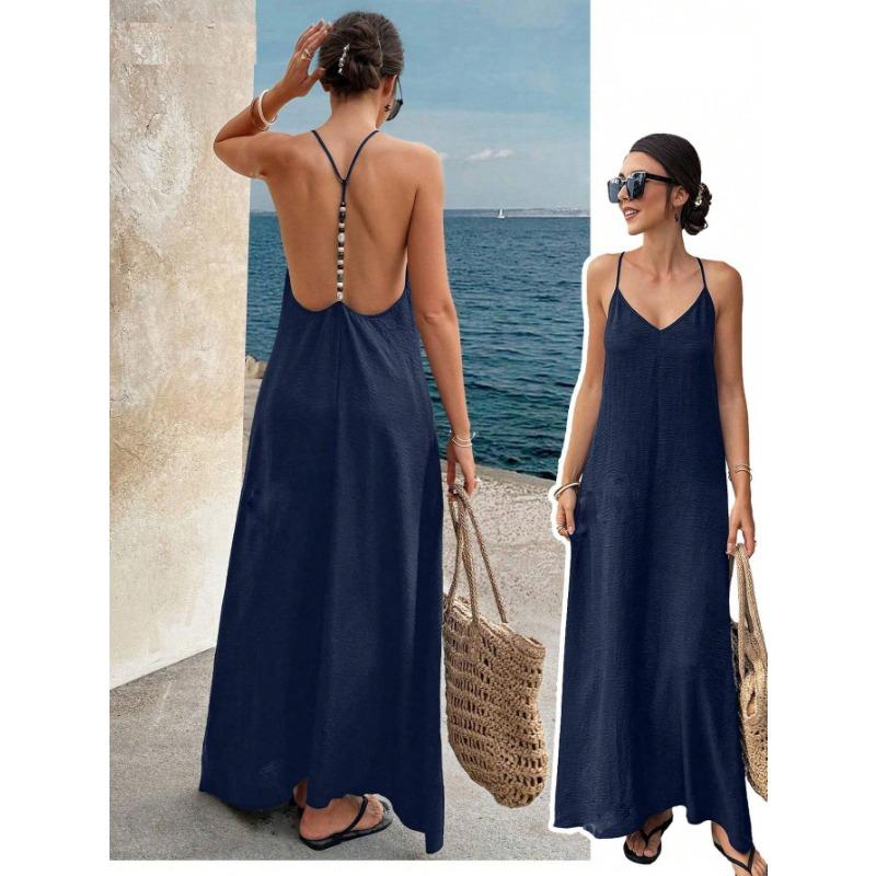 Damen Mode Lässig Einfarbige V-Ausschnitt Rückenfrei Ärmelloses Cami Langes Kleid