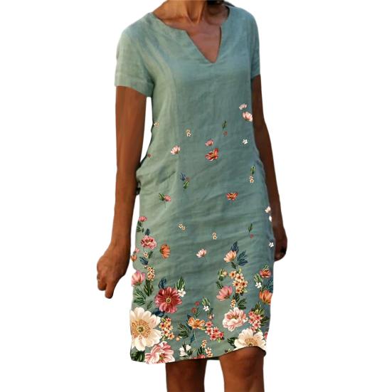 Rochie de vară pentru femei, cu decolteu în V, imprimeu cu flori, pulover, drept, rochie până la genunchi, rochie midi colorfast Haine pentru femei