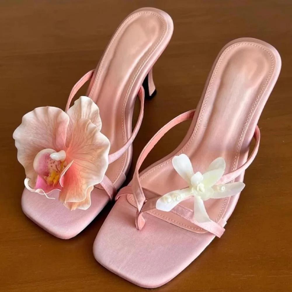 Flowers Decoration Flip Toe Slippers Sexy Square Toe Thin Heel Corss Tied Slip On New Arrivals Fashion Women Shoes