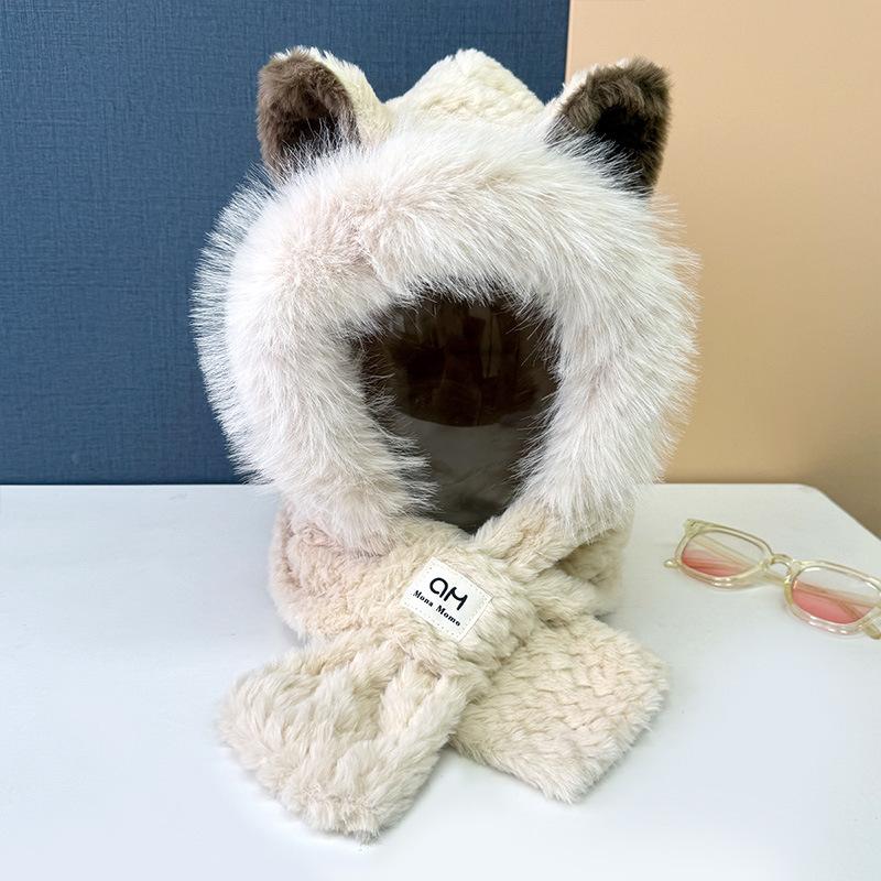 

Plush hat, scarf, integrated women s new autumn and winter hooded scarf, riding ear protectors, warm two-piece set One size бежевий