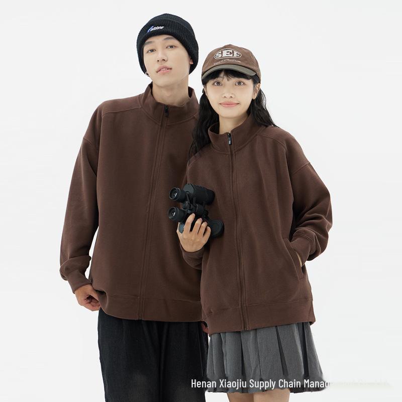 350g Unisex Stand Collar Zipper Sweatshirt - Thin, Solid Color, Drop Shoulder with Custom Logo Print for Spring & Autumn