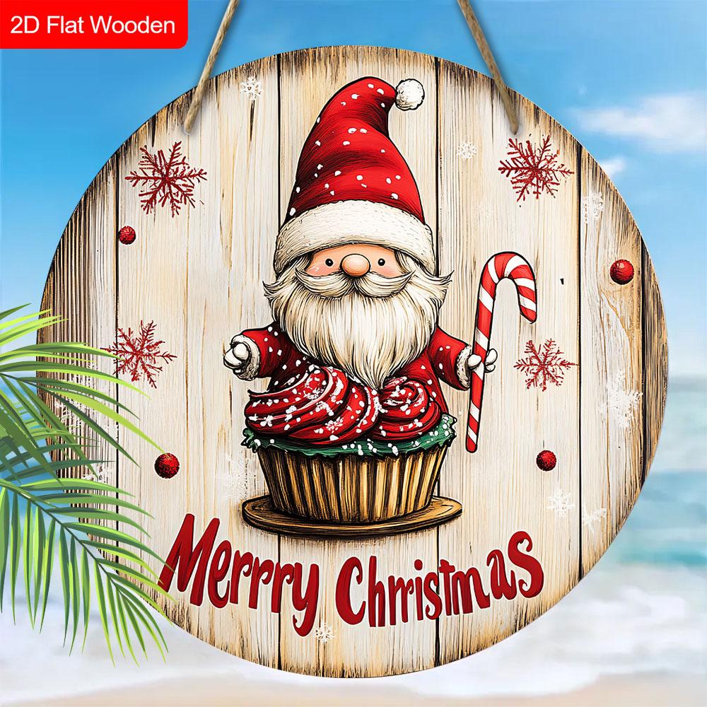 Frohe Weihnachten Holzschild mit entzückendem Wichtelmuster - Navidad Rundes Schild für Haustür, Wandhänge-Dekor - Ideale Weihnachtsdekoration