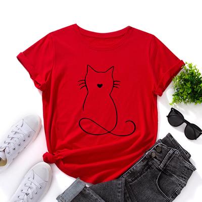 Cat Pattern Loose Cotton T-Shirt Short Sleeve Round Neck Women 2d Print Tops