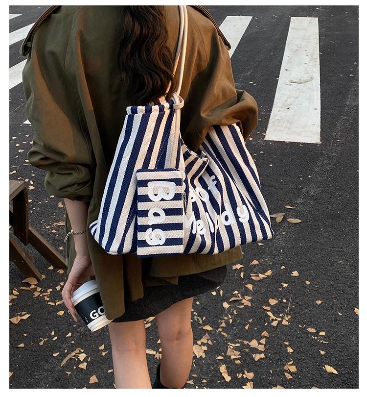 Canvas Striped Tote Bag - Women's College Style Handbag & Shoulder Bag