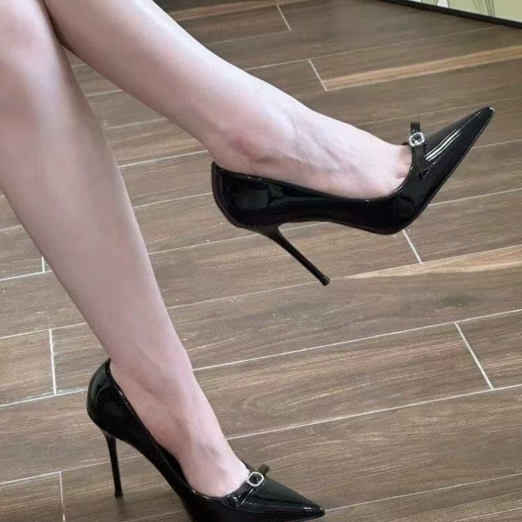 Sexy Black Patent Leather Single Shoes Women's 2025 New Niche Pointed Head Shallow Mouth Rhinestone Bow Stiletto High Heels