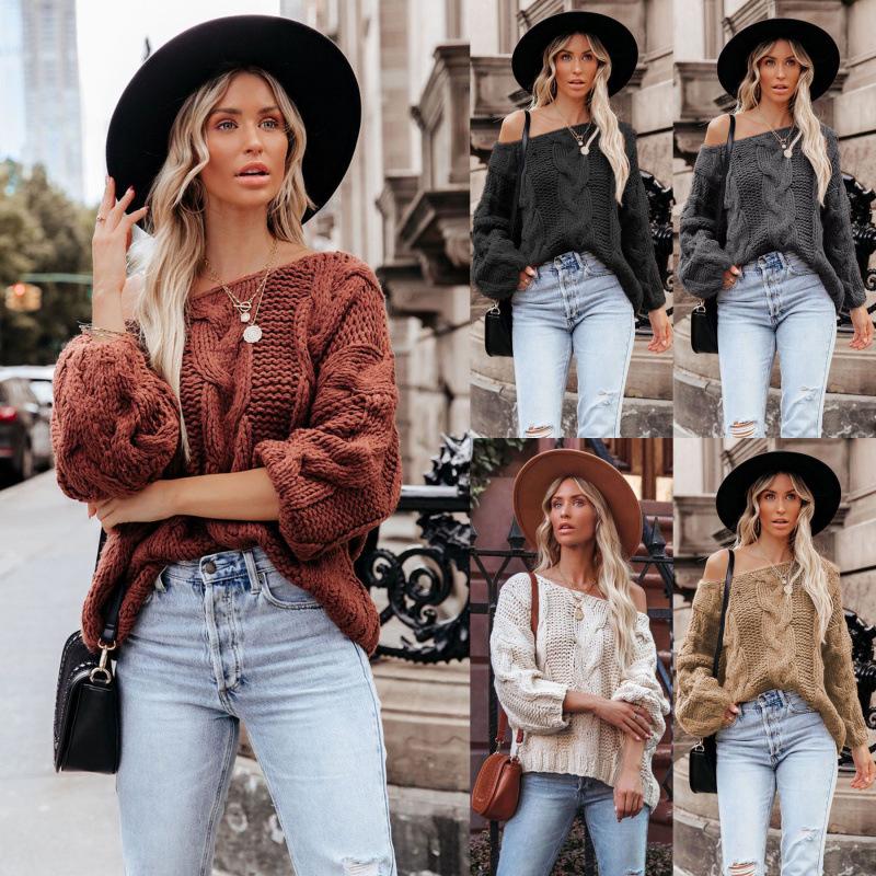 Ladies Autumn Winter Lantern Sleeve Flat Shoulder Pullover Solid Color Loose Knitted Sweater Knitwear Top