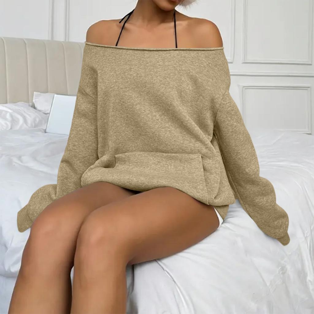 Women's Casual Fashion Solid Color Off-shoulder Long-sleeved Loose Sweatshirt With Pockets