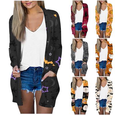 Women's Fashion Casual Halloween Printed Long Sleeve Mid-Length Cardigan Jacket