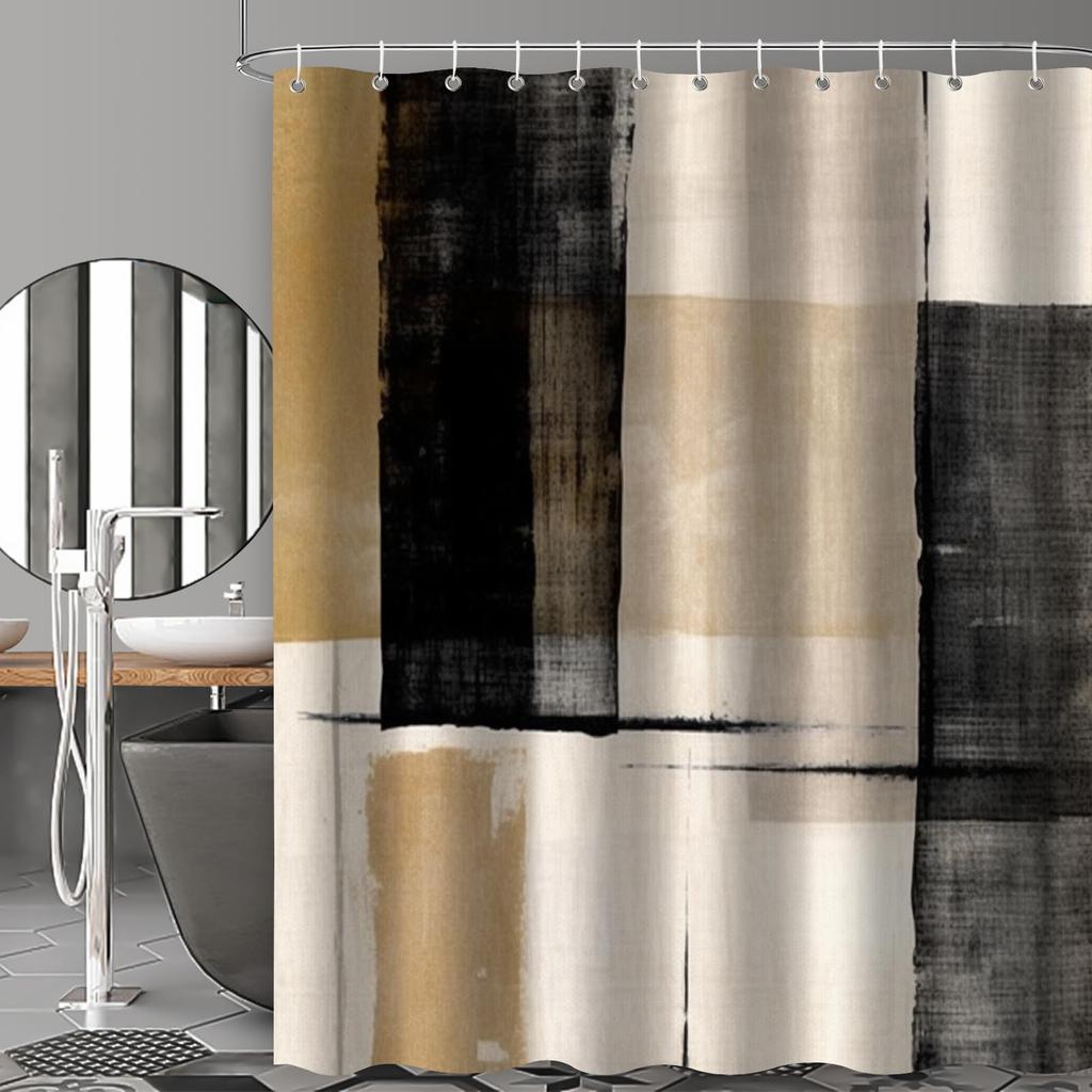 Abstract Simple Modern Shower Curtain Set Dark Brown Neutral Modern Brushstroke Art Waterproof Bathroom Curtain With Hook