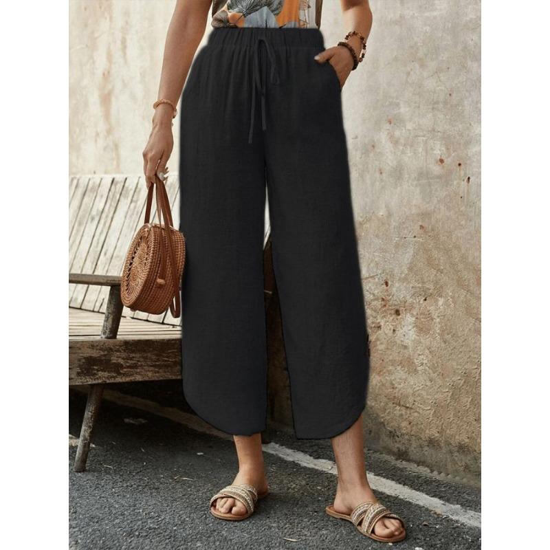 New Cotton and Linen Drawstring Cropped Pants with Pockets for Women, Loose Fit