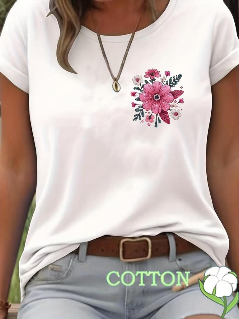 2026 Colorful Floral Round Neck Short Sleeve Casual Pure Cotton T-shirt