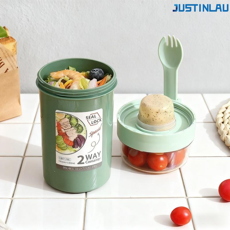  790ml/990ml Salad Oatmeal Cup Breakfast Double Cup Cereal Nut Yogurt Container Set With Dressing Holder Fork