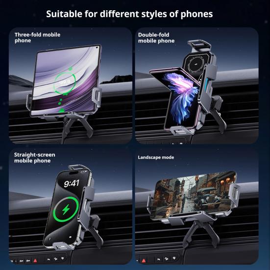 Skládací držák telefonu do auta 15W bezdrátová nabíječka s 360stupňovou rotací Dvoucívkové rychlé nabíjení Nabíjecí stojánek pro skládací standardní telefony